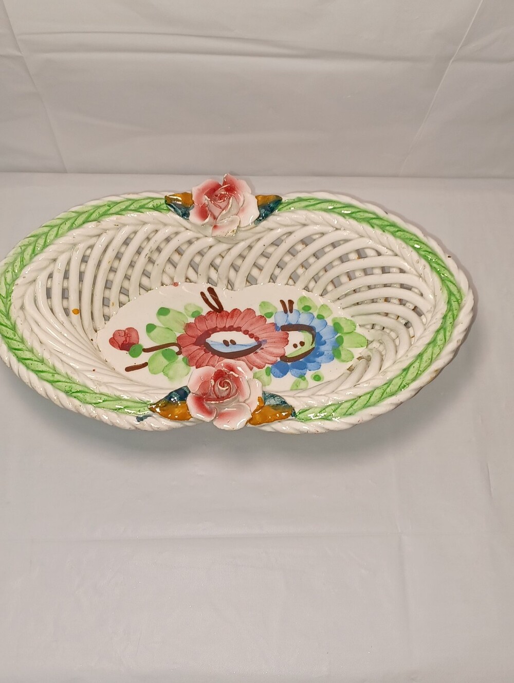 Vintage Porcelain Ceramic Lattice Weave Bowl Dish From Spain Beautiful Florals - Picture 4 of 12